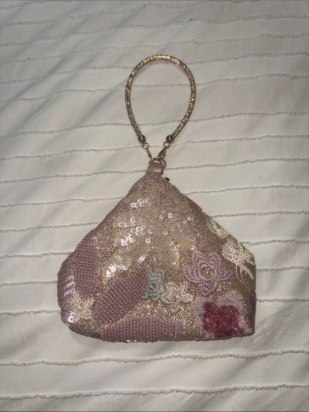 SHEIN Pink and Gold Beaded Floral Wristlet Clutch